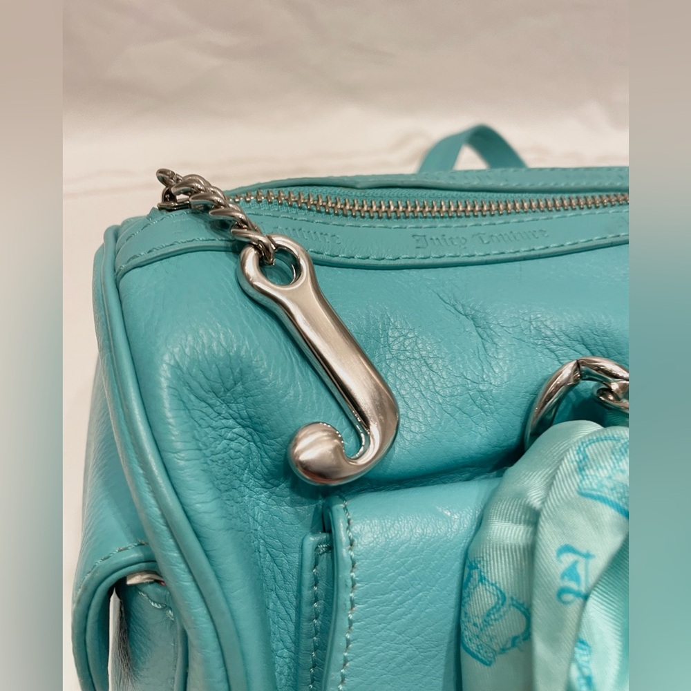 RARE NWT JUICY COUTURE VINTAGE Blue Leather Silver Accent Silk Bow Barrel Bag - Picture 7 of 15